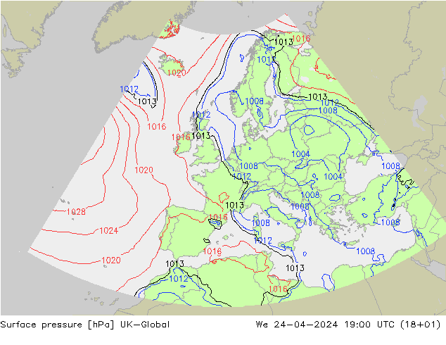 Surface pressure UK-Global We 24.04.2024 19 UTC