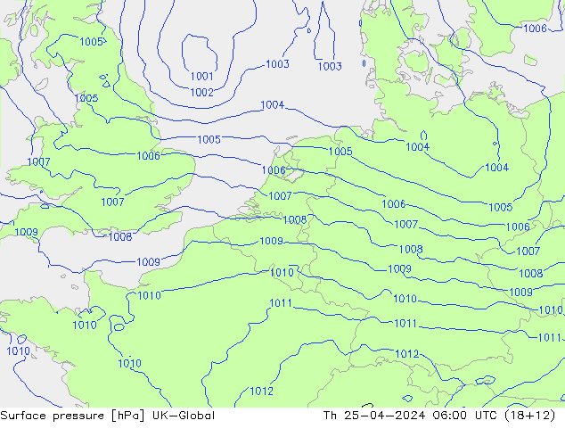 Surface pressure UK-Global Th 25.04.2024 06 UTC
