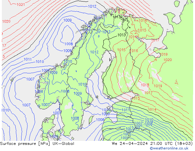 Surface pressure UK-Global We 24.04.2024 21 UTC