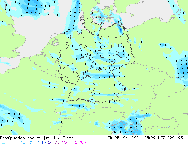 Precipitation accum. UK-Global Th 25.04.2024 06 UTC