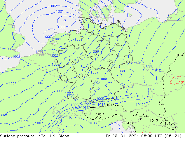 Pressione al suolo UK-Global ven 26.04.2024 06 UTC