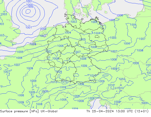 Surface pressure UK-Global Th 25.04.2024 13 UTC