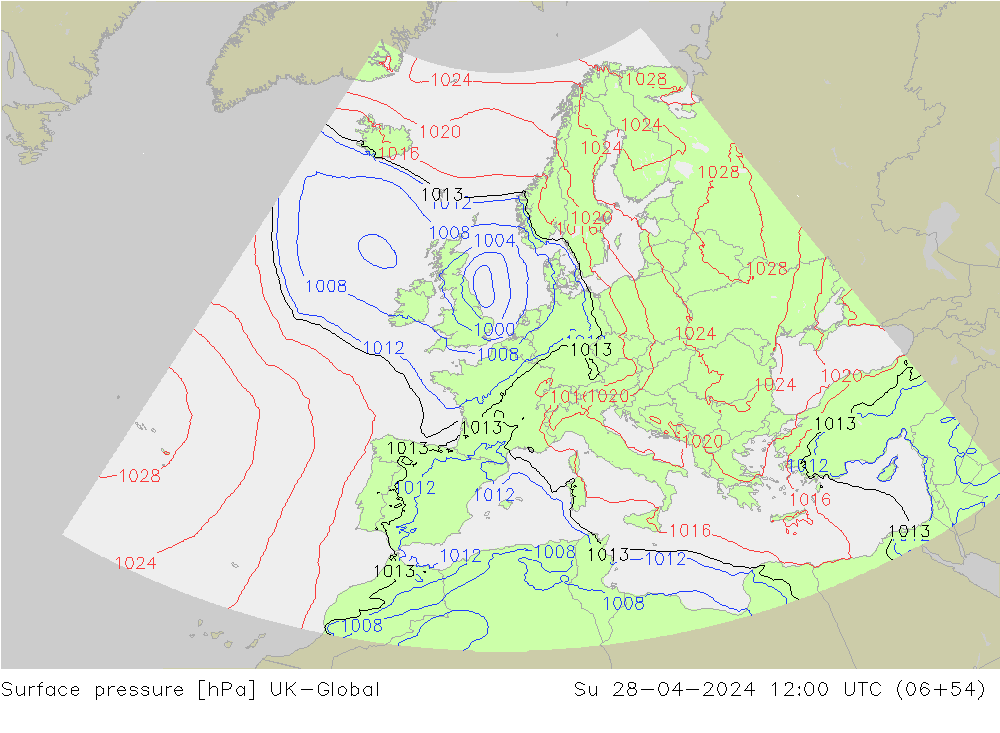 Surface pressure UK-Global Su 28.04.2024 12 UTC