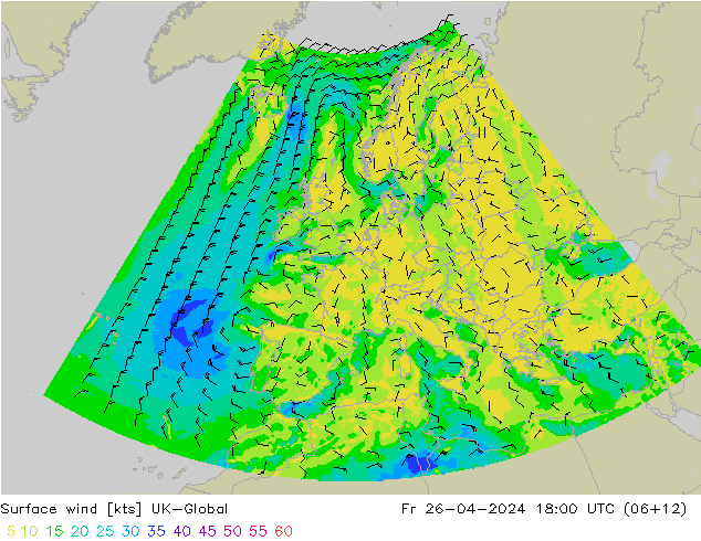 Surface wind UK-Global Fr 26.04.2024 18 UTC