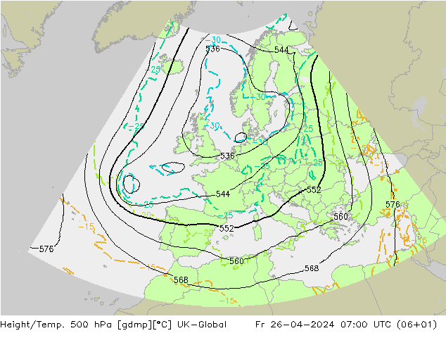 Height/Temp. 500 hPa UK-Global Fr 26.04.2024 07 UTC
