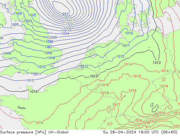 Pressione al suolo UK-Global dom 28.04.2024 18 UTC
