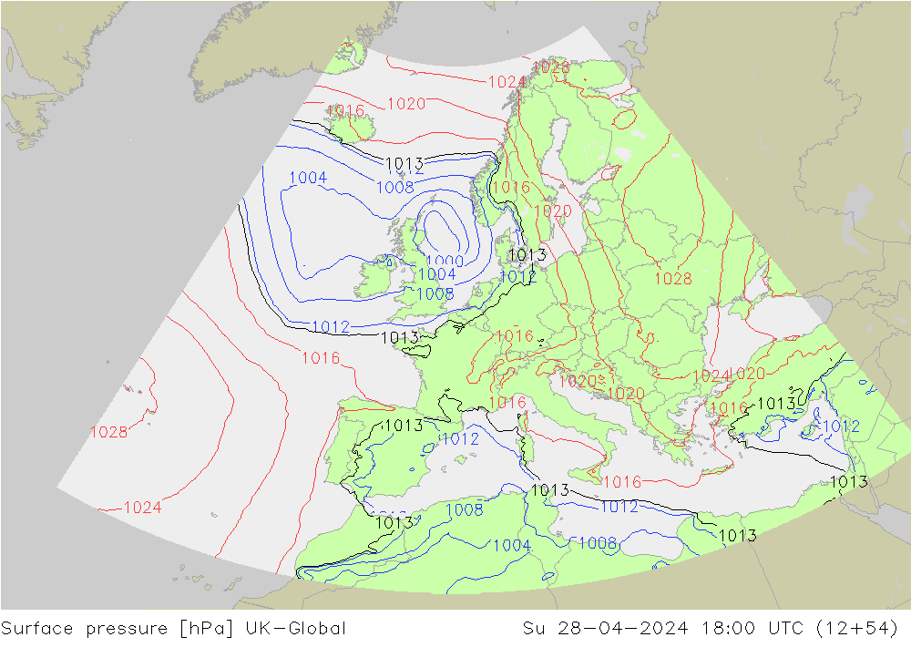 Surface pressure UK-Global Su 28.04.2024 18 UTC