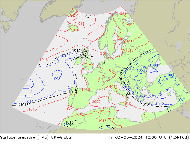 Pressione al suolo UK-Global ven 03.05.2024 12 UTC