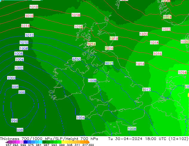 Espesor 700-1000 hPa UK-Global mar 30.04.2024 18 UTC