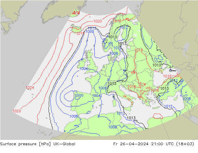 Surface pressure UK-Global Fr 26.04.2024 21 UTC