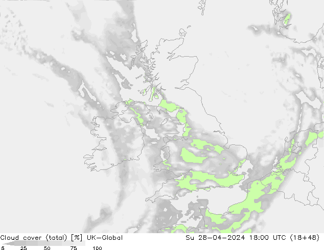 Cloud cover (total) UK-Global Su 28.04.2024 18 UTC