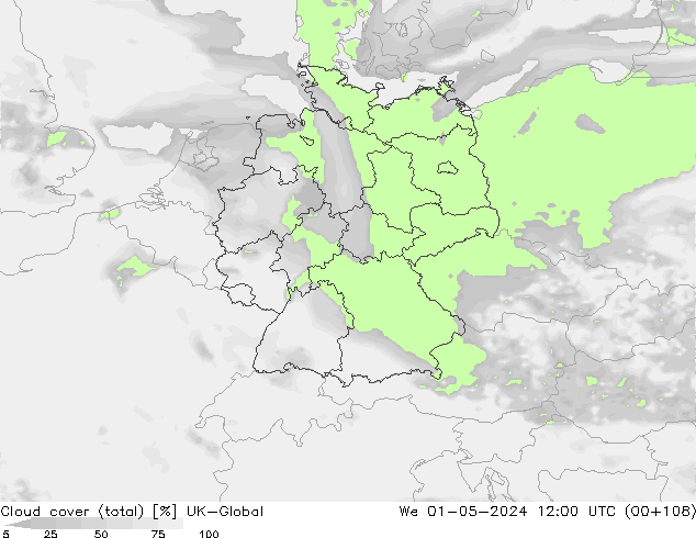 Cloud cover (total) UK-Global We 01.05.2024 12 UTC