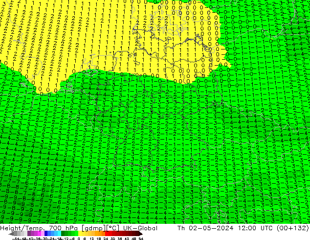 Hoogte/Temp. 700 hPa UK-Global do 02.05.2024 12 UTC