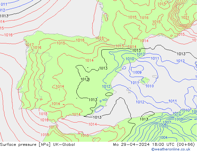 Luchtdruk (Grond) UK-Global ma 29.04.2024 18 UTC