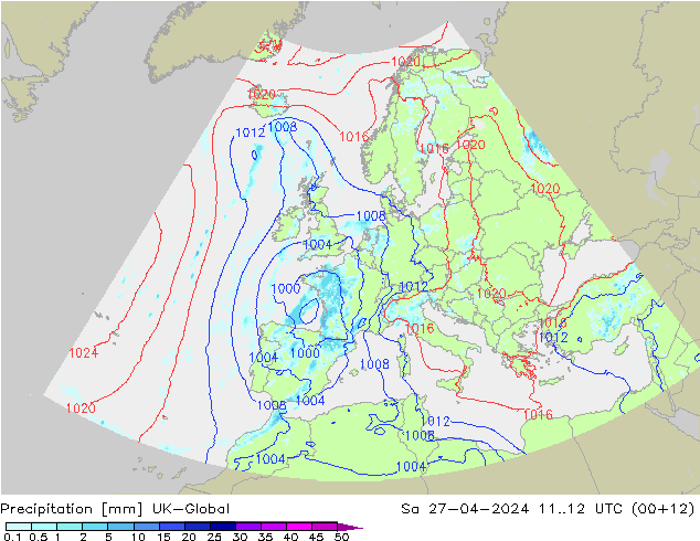 Srážky UK-Global So 27.04.2024 12 UTC