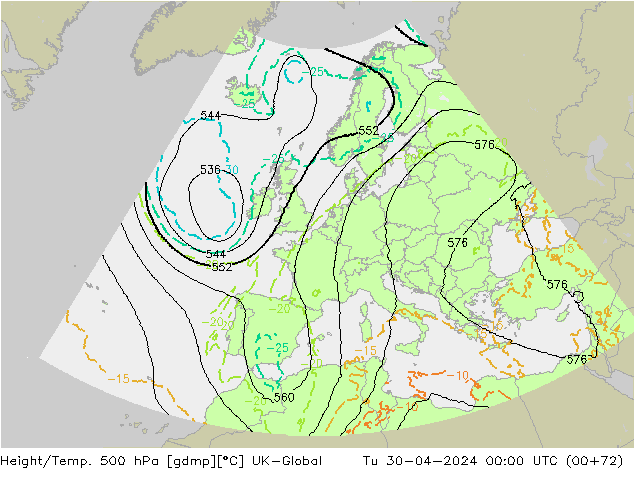 Height/Temp. 500 hPa UK-Global Di 30.04.2024 00 UTC