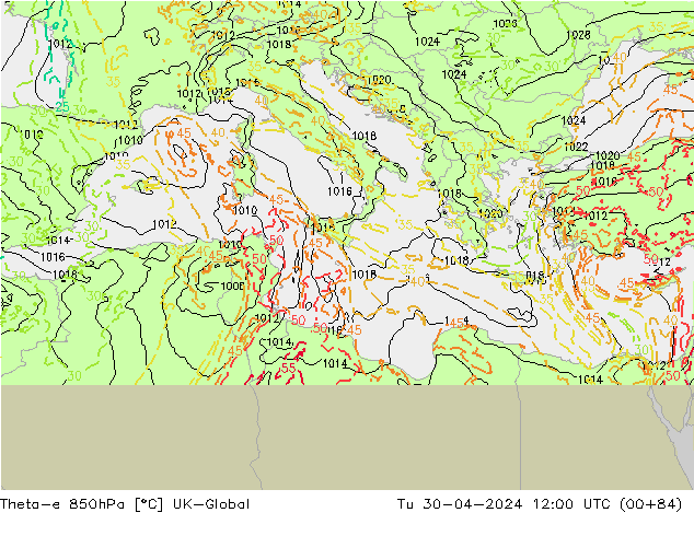 Theta-e 850hPa UK-Global Sa 30.04.2024 12 UTC