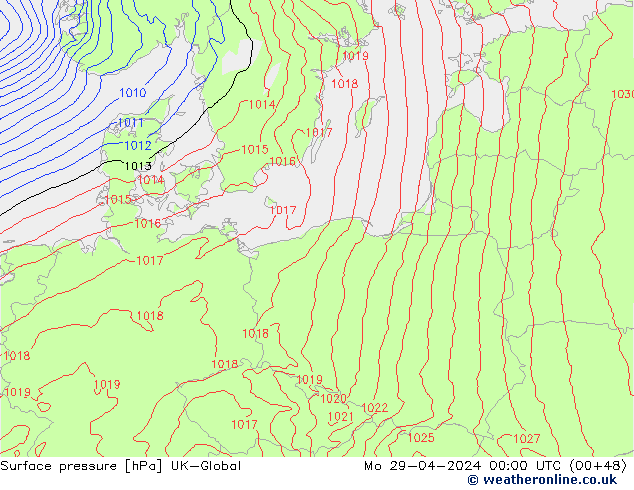 Surface pressure UK-Global Mo 29.04.2024 00 UTC