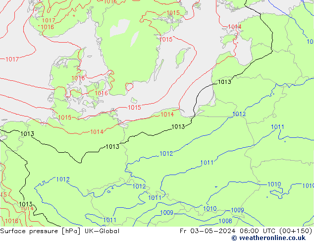 Pressione al suolo UK-Global ven 03.05.2024 06 UTC