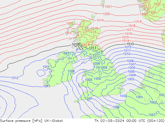 Pressione al suolo UK-Global gio 02.05.2024 00 UTC