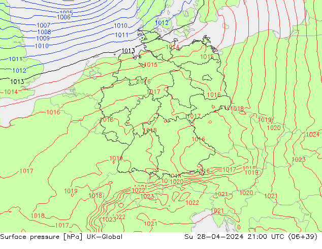 Surface pressure UK-Global Su 28.04.2024 21 UTC