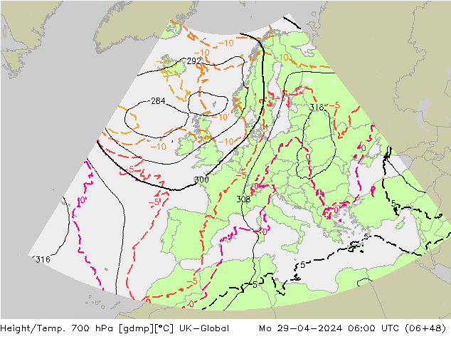 Height/Temp. 700 hPa UK-Global Mo 29.04.2024 06 UTC