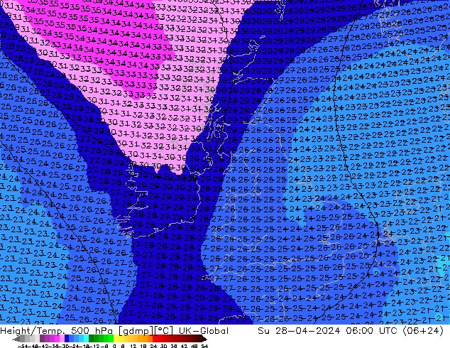 Yükseklik/Sıc. 500 hPa UK-Global Paz 28.04.2024 06 UTC