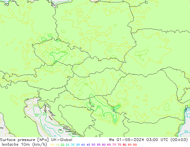 Isotachs (kph) UK-Global mer 01.05.2024 03 UTC