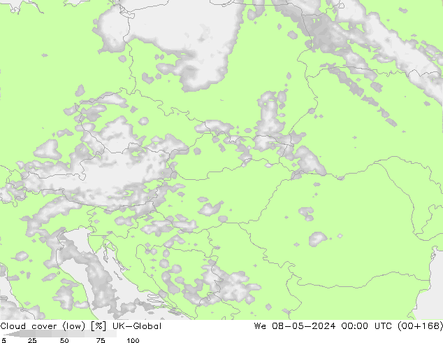 Cloud cover (low) UK-Global We 08.05.2024 00 UTC