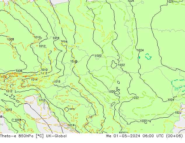 Theta-e 850hPa UK-Global mié 01.05.2024 06 UTC