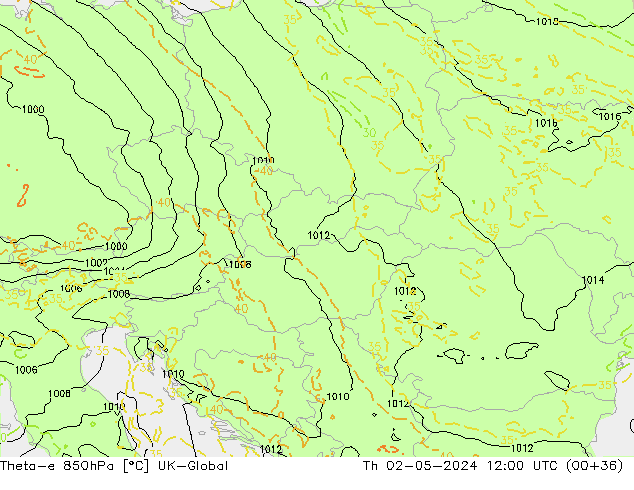 Theta-e 850hPa UK-Global Qui 02.05.2024 12 UTC