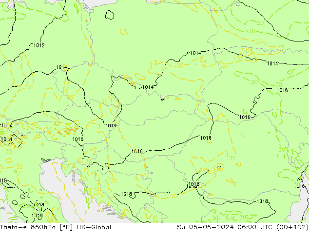 Theta-e 850hPa UK-Global zo 05.05.2024 06 UTC