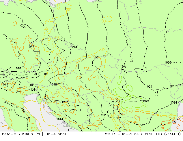 Theta-e 700hPa UK-Global We 01.05.2024 00 UTC