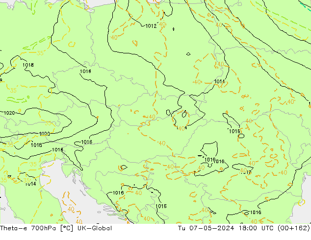 Theta-e 700hPa UK-Global Di 07.05.2024 18 UTC