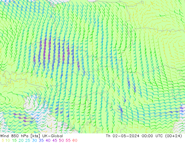 Wind 850 hPa UK-Global do 02.05.2024 00 UTC