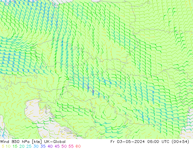 Wind 850 hPa UK-Global Fr 03.05.2024 06 UTC