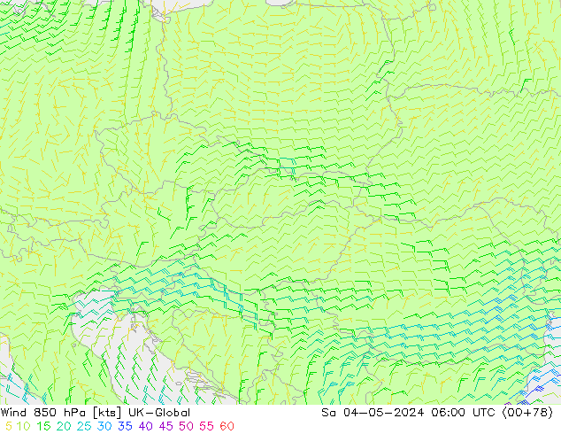 Viento 850 hPa UK-Global sáb 04.05.2024 06 UTC