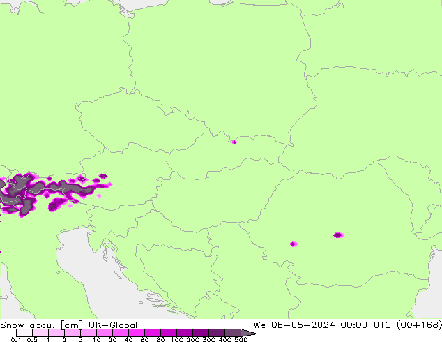 Snow accu. UK-Global śro. 08.05.2024 00 UTC