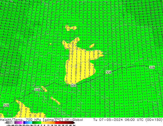 Height/Temp. 700 hPa UK-Global Út 07.05.2024 06 UTC