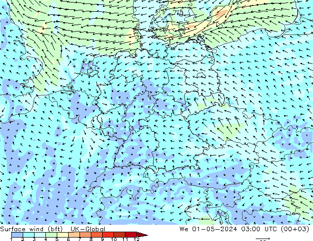 Surface wind (bft) UK-Global We 01.05.2024 03 UTC