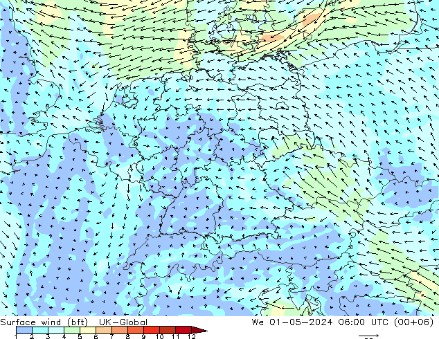 wiatr 10 m (bft) UK-Global śro. 01.05.2024 06 UTC