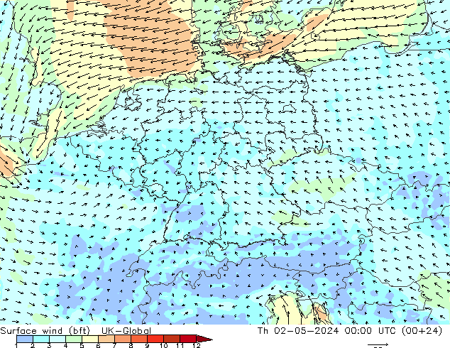 Surface wind (bft) UK-Global Th 02.05.2024 00 UTC