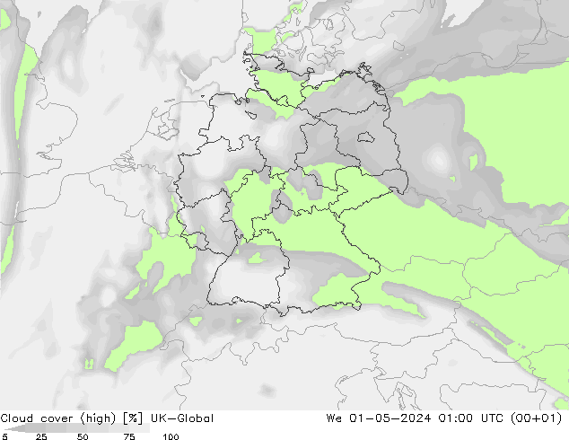 Cloud cover (high) UK-Global We 01.05.2024 01 UTC