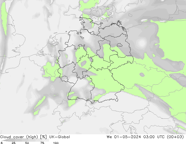 Cloud cover (high) UK-Global We 01.05.2024 03 UTC