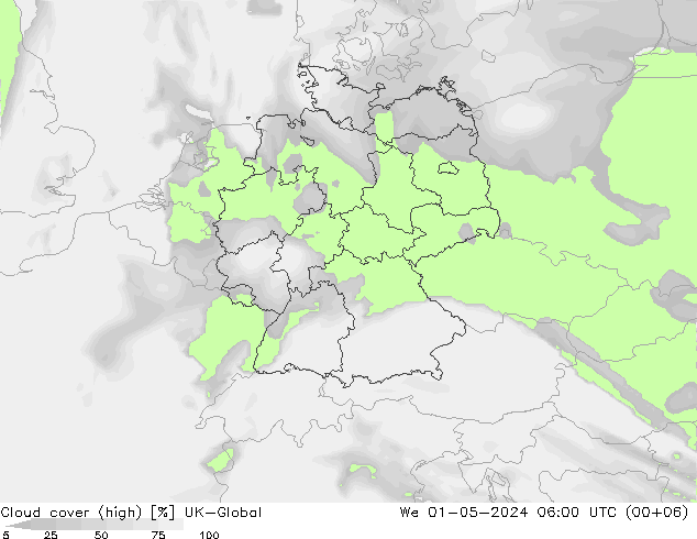 Cloud cover (high) UK-Global We 01.05.2024 06 UTC