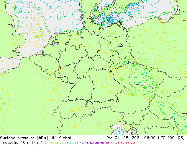 Isotachen (km/h) UK-Global Mi 01.05.2024 06 UTC