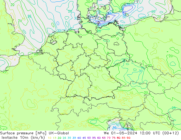 Isotachen (km/h) UK-Global wo 01.05.2024 12 UTC