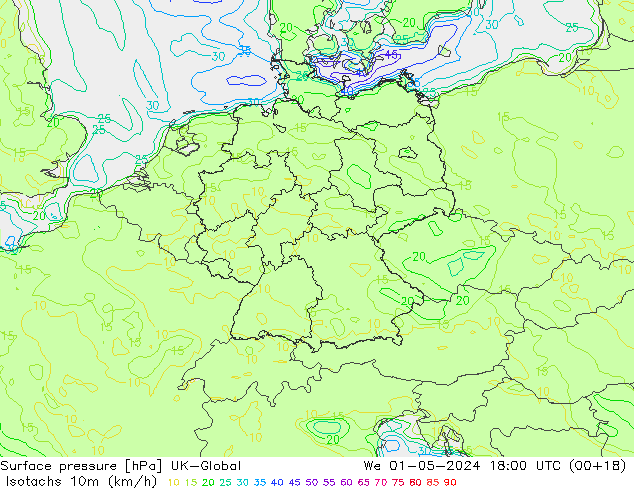 Isotaca (kph) UK-Global mié 01.05.2024 18 UTC