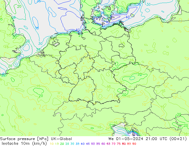 Isotachen (km/h) UK-Global wo 01.05.2024 21 UTC