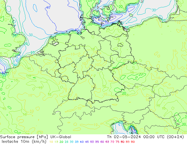 Isotachs (kph) UK-Global Th 02.05.2024 00 UTC